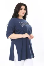 Kadın Büyük Beden Lacivert Sim Detaylı Bisiklet Yaka Yan Yırtmaçlı Kısa Kollu Bluz