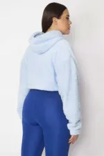 Kadın Mavi Kapşonlu Polar Sweatshirt 65N29622