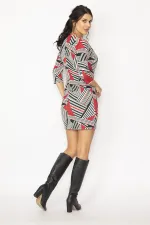 KADIN SİYAH ANVELOP YAKALI GEOMETRİK DESEN ASTARLI ELBİSE