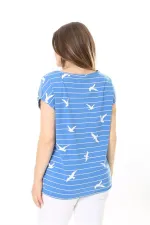 Kadın Büyük Beden Mavi Pamuk Kumaş Etek Ucu Lastikli Düşük Kollu Bluz 65N37896