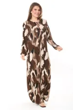 Kadın Büyük Beden Kahve Yaka Bağcıklı Uzun Kollu Maksi Boy Elbise 65N37866