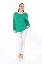 Kadın Büyük Beden Saks Önden Bağlamalı Uzun Kollu Bluz 65N37695