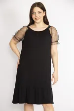 Kadın Kırmızı Büyük Beden Kolları Tül Yakası Lastik Detaylı Etek Ucu Katlı Elbise