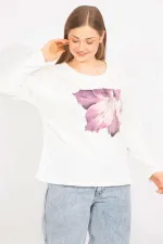 Kadın Kemik Büyük Beden Pamuklu Kumaş Kapri Kol Baskılı Bluz 65N35563