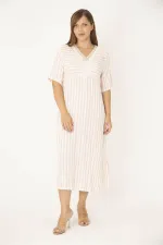 Kadın Büyük Beden Pembe Yakası Dantel Detaylı Çizgi Kombinli Elbise 65N36787