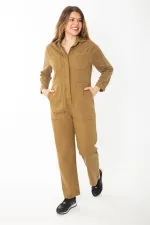 Women's Khaki Front Hidden Snap Button Pocket Denim Overalls 65N37370
