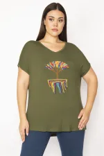 Kadın Haki Nakış Detaylı Düşük Kol Viskon Bluz 65N29506