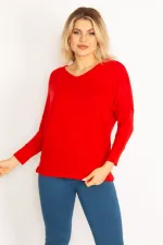 Kadın Kırmızı V Yakalı Yarasa Kol Bluz 65N34684