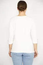 Kadın Büyük Beden Beyaz Sim Detaylı Öpücük Yakalı Kapri Kollu Bluz