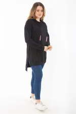 Kadın Büyük Beden Siyah Arkası Uzun Yan Yırtmaçlı Kapşonlu Sweatshirt 65N37310