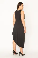 WOMEN'S BLACK DRESS WITH ASYMMETRIC WAIST PLEATED SKIRT AND HIDDEN ZIPPER AT THE BACK