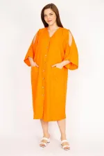 Kadın Camel Büyük Beden Omuz Dekolteli Ön Düğmeli Elbise