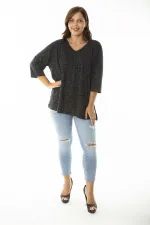 Kadın Büyük Beden Antrasit V Yakalı Kapri Kol Desenli Bluz 65N36959