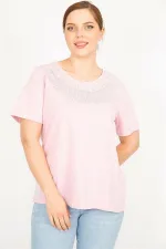 Kadın Pembe Büyük Beden Pamuklu Kumaş Yakası Sim Detaylı Bluz