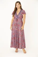 Kadın Büyük Beden Renkli Anvelop Yakalı Bel Bağcıklı Elbise 65N36878