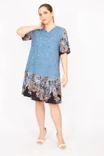Kadın Mavi Büyük Beden Dokuma Viskon Kumaş Şal Desenli Elbise 65N35834