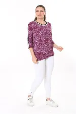 Kadın Büyük Beden Mürdüm Yaka Ve Kolları Sim Şerit Detaylı Uzun Kollu Bluz 65N37709