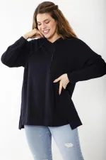 Women's Plus Size Navy Blue Relaxed Cut Side Slit Hooded Sweatshirt 65N37200