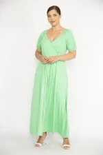 Kadın Büyük Beden Yeşil Omuz Ve Kol Ağzı Lastik Detaylı Anvelop Yakalı Elbise