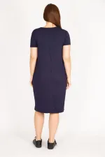 Kadın Lacivert Büyük Beden Cebi File Detaylı Kısa Kollu Viskon Elbise
