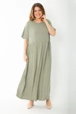 Kadın Büyük Beden Haki Bel Büzgülü Kısa Kollu Uzun Elbise 65N37757