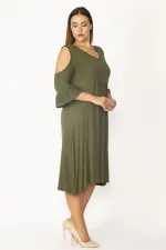 Kadın Haki Omuz Dekolteli Göğüs Büzgü Ve Kol Volan Detaylı Viskon Elbise 65N27447