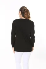 Kadın Büyük Beden Siyah Aplike Dantel Ve Taş Detaylı Uzun Kollu Bluz 65N37688