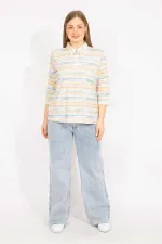 Kadın Renkli Büyük Beden Pamuklu Kumaş Ön Pat Fermuarlı Renkli Bluz 65N35570