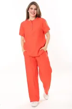 Kadın Büyük Beden Nar Ön Pat Düğmeli Tunik Ve Pantolon İkili Takım 65N37879