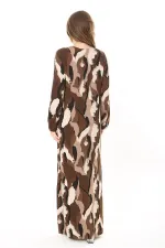 Kadın Büyük Beden Kahve Yaka Bağcıklı Uzun Kollu Maksi Boy Elbise 65N37866