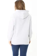Women's Plus Size Gray Inside Raised 3 Thread Embroidery Detailed Hooded Sweatshirt 65N37126