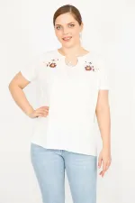 Kadın Kemik Büyük Beden Nakış Ve Bağcık Detaylı Bluz