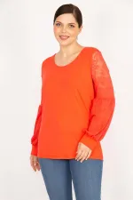 Kadın Nar Büyük Beden Kolları Tül Dantel Detaylı Tunik