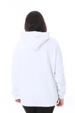Kadın Büyük Beden Beyaz Ön Fermuar Ve Baskılı Kapşonlu Sweatshirt 65N38622