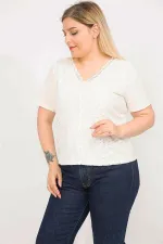 Kadın Kemik Büyük Beden Pamuklu Kumaş Önü Astarlı Dantel Bluz 65N35791