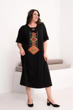 Kadın Büyük Beden Siyah, Nakış Rahat Kesim Elbise 65N39441