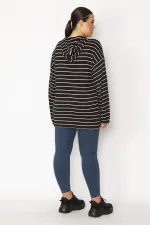 Women's Black Plus Size Front Placket Zippered Eyelet and Lace Detailed Hooded Striped Tunic