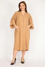 Kadın Camel Büyük Beden Omuz Dekolteli Ön Düğmeli Elbise