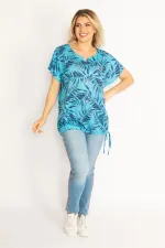 Kadın Mavi Taş Detaylı Etek Ucu Tünel Bağcıklı Bluz 65N34629