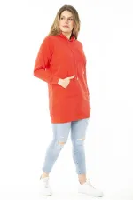 Women's Plus Size Red Double-Thread Hooded Sweatshirt with Raised Inside 65N37160