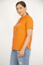 Kadın Oranj Büyük Beden Yakası Kuşgözü Bağcık Ve Taş Detaylı Sweatshirt