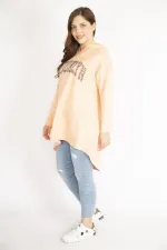 Kadın Somon Büyük Beden Payet Detaylı Kapşonlu Arkası Uzun Sweatshirt