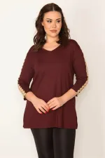 KADIN BORDO KOL DETAYLI V YAKALI BLUZ