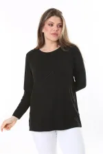 Kadın Büyük Beden Siyah Önü Taş Ve Sırtı Dantel Detaylı Uzun Kollu Bluz 65N37803