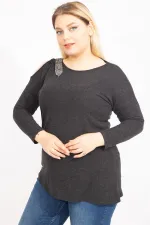 Kadın Antrasit Tek Omuz Dekolteli Taş Detaylı Bluz 65N35426