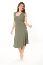 Kadın Haki Anvelop Yakalı Arka Bel Lastikli Kolsuz Likralı Viskon Elbise 65N37872