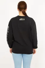 Kadın Siyah Büyük Beden Pamuklu Kumaş Kol Detaylı Sweatshirt