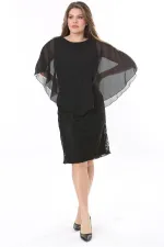 Kadın Büyük Beden Siyah Şifon Pelerinli Astarlı Dantel Elbise 65N37773