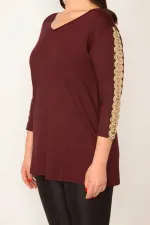 KADIN BORDO KOL DETAYLI V YAKALI BLUZ