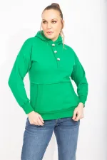 Kadın Siyah İçi Şardonlu 2 İplik Kumaş Ön Pat Düğmeli Kanguru Cep Ve Kapşonlu Sweatshirt 65N35462